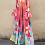 A-Line Loose Pleated Printed Split-Joint Lapel Maxi Dresses Shirt Dress