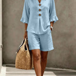 Button-down V-neck Ruffled Top And Shorts Set