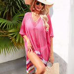 Hollow Out Beach Swimsuit Coverups Oversized Short Sleeve V Neck Loose Knit Bikini Cover Up