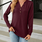 Solid Color V-Neck Button Loose Long Sleeve T-Shirt Top