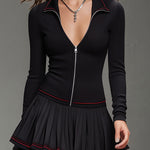 Contrast Hem Long Zip-up Top And Pleated Skirt Sports Suit