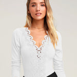 V-neck Lace Trim Long-sleeved Bodysuits