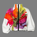 Loose Puff Sleeves Asymmetric Floral Printed Split-Joint High Neck Outerwear
