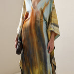 Batwing Sleeves Loose Printed Split-Joint V-Neck Maxi Dresses