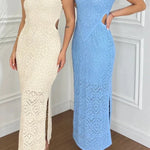 Zafina Crochet Knit Cutout Waist Texture Slit Stretch Maxi Dress