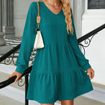 Solid Color Patchwork V-Neck Long Sleeves Loose-Fitting A-Line Dress