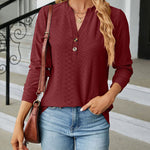Solid Color V-Neck Buttoned Jacquard Loose-Fitting Long-Sleeved T-Shirt Top