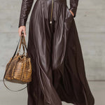 Exquisite Temperament Front Zipper Long Sleeve High-quality Brown Leather Maxi Dress