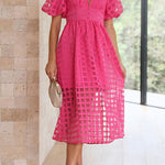 Remarkable Beauty Square Patterned Fabric Puff Sleeve Party Midi Dress