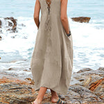 Dress V Neck Sundress Casual Solid Baggy Maxi Flowy Dresses with Pockets