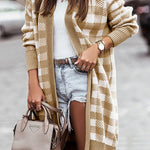 Khaki Plaid Ribbed Contrast Open Front Long Cardigan
