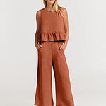 Nadorine 2 Piece Outfits Sleeveless Ruffle Tank Crop Top and Wide Leg Pants Lounge Set with Pockets