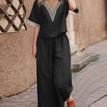 Loose Fit Lace Patchwork Shirt and Wide-Leg Pants Two-Piece Set