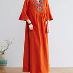 Loose Embroidered Floral Cotton Linen V-Neck 3/4 Sleeve Dress