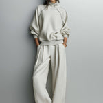 Women's Beige Textured Knit Co-Ord Set With Contrast Piping & Pleated Pants, Effortless Chic Style Set