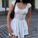 Off Shoulder Ruffle Shorts Romper Swiss Dot Smocked Layered Chiffon Boho Mini Jumpsuits
