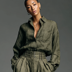 Women's Fashion Cotton And Linen Blended Long Sleeve Shirt Wide Leg Pants Two-Piece Set