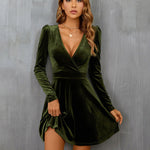 Sexy V Neck Long Sleeve Velvet Mini Dress