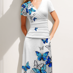 Nadorine Women's Casual V Neck Short Sleeve Sundress Loose Flowy Print Tunic Beach Dresses