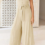 Sleeveless Spaghetti Strap V-Neck Gathered Wide-Leg Jumpsuit