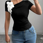 Short Sleeves Skinny Pleated Solid Color Three-Dimensional Flower Asymmetric Collar T-Shirts Tops