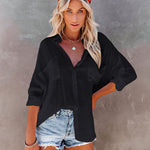 Nadorine Solid Color V Neck Long Sleeve Button Down Blouse with Pockets