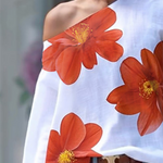 Long Sleeves Loose Flower Print One-Shoulder T-Shirts Tops