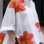 Half Sleeves High-Low Buttoned Flower Print Pockets Split-Side Stand Collar Blouses&Shirts Tops