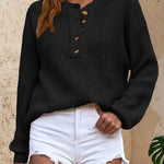 Waffle Knit Button V Neck Sweater Casual Long Sleeve Knit Pullover
