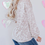 Nadorine Contrast Color Top Leopard Print Round Neck Long Sleeve Sweatshirt