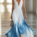 Elegant And Flowing V-Neck Pleated Chiffon Blue Gradient White Maxi Dress
