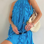Chiffon High Neck Ruffle Pleated A-Line Mini Dress