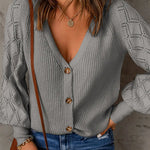 V Neck Long Sleeve Button Down Ribbed Sweatshirts Cardigan