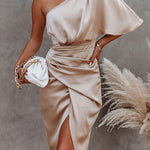 One Shoulder Satin Drape Dress