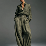 Women's Fashion Cotton And Linen Blended Long Sleeve Shirt Wide Leg Pants Two-Piece Set