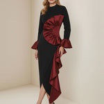 Bodycon Flared Sleeves Asymmetric Contrast Color Ruffled Zipper Stand Collar Midi Dresses
