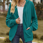 V-Neck Zipper Closure Solid Color Long Loose Hoodie Jacket