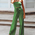 Solid Off Shoulder Bandeau Tube Tops Wide Leg Jumpsuit One Piece Cutout Tie Knot Romper Outfit
