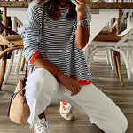 Nadorine Casual V-Neck Long-Sleeve Knit T-Shirt Stripe Color Block Knit Tops
