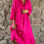 Single-breasted Button Long Dress Casual 3/4 Sleeve Solid Loose Shirt Dress