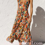 V Neck Tie Waist Abstract Print Midi Cami Dress