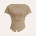 Loose Raglan Sleeve Asymmetric Pleated Solid Color Split-Joint Round-Neck T-Shirts