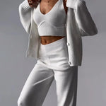 Nadorine Women's Chic V-neck Knitted Three-piece Set Sleeveless Crop Vest and Sweater Cardigan & Solid Wide Leg Pants