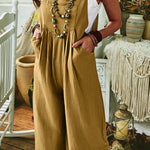 Solid Color Sleeveless Pocket Casual Wide Leg Side Button Jumpsuit