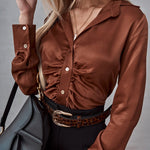 Nadorine Solid Color Long Sleeve Blouse Pleated Elegant Cardigan Shirt for Women Casual Work Office Loose Fit 2026 | Under
