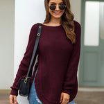 Nadorine Crew Neck Long Sleeve Slit Pullover Knit Sweater