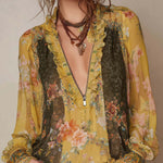 Zip-Front Ruffled Floral Chiffon Blouse