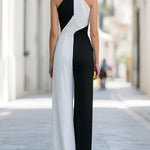 Black & White Halter Neck Colorblock Wide-Leg Jumpsuit