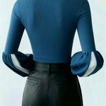 Long Sleeves Puff Sleeves Contrast Color High Neck Pullovers