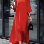 A-Line Flared Sleeves Solid Color Zipper Round-Neck Maxi Dresses